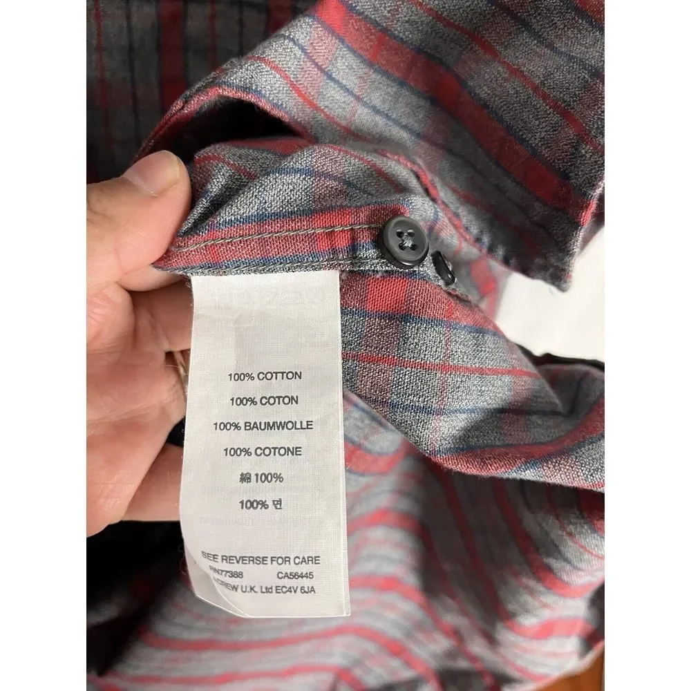J.Crew Mens Shirt Size M Grey Red Plaid Long Sleeve‎ Button 100% Cotton